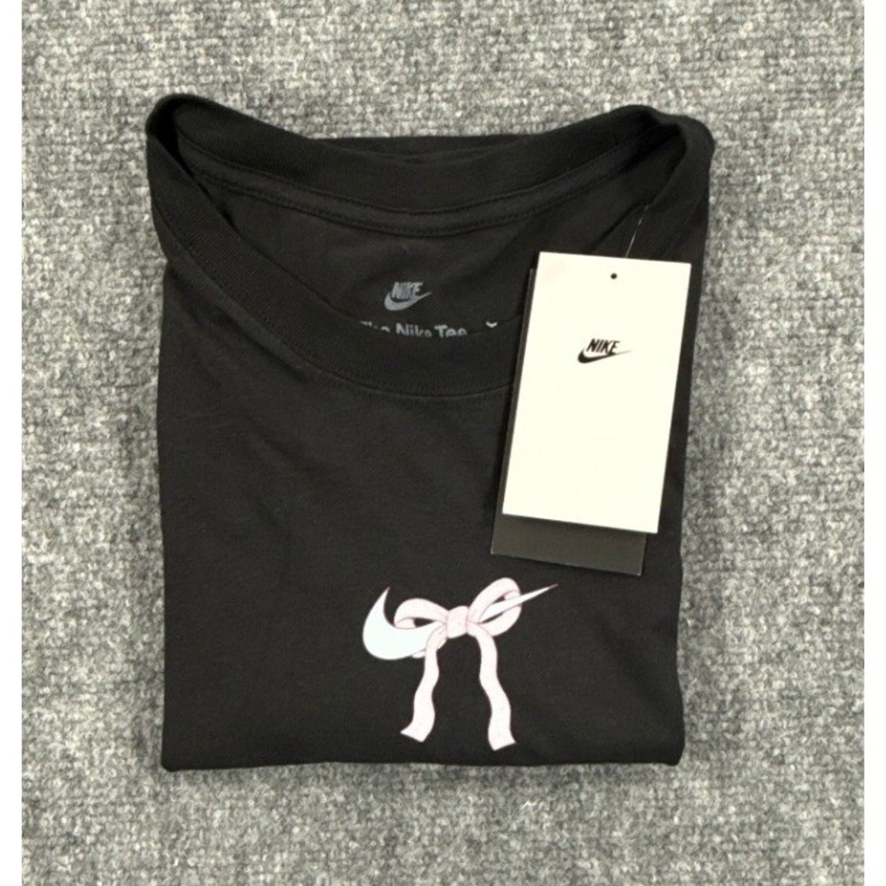 Nike Girls XL 13-15 Yrs Crop Top Black Pink Bow Swoosh Slim Fit T Shirt NWT